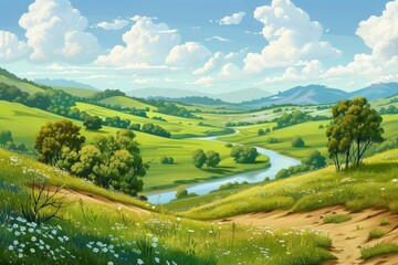 painting of river running through lush green field, Illustration of romantic sunset over tranquil countryside