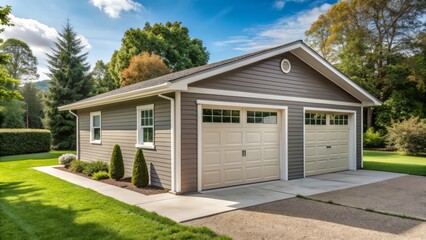 A modern prefabricated garage with a gabled roof, vinyl siding, and glass doors, sitting on a concrete foundation in a suburban backyard setting.