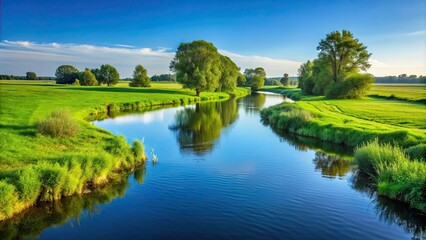 Fototapeta premium Serene river winding through green meadows with clear sky and distant row of trees blurred, nature, landscape, river, meadow