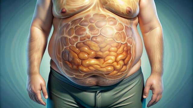 A person's swollen abdomen, visible signs of fluid buildup, and skin discoloration, illustrating the physical symptoms of ascites, a serious medical condition.