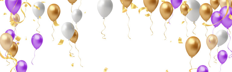 Birthday and celebration banner with Purple, white, gold balloon, 3d illustration background Color flying ribbons and streamers