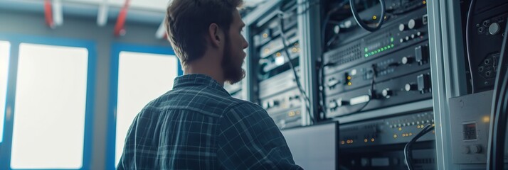 A technician stands analyzing server components inside a data center, surrounded by networking equipment and cables.