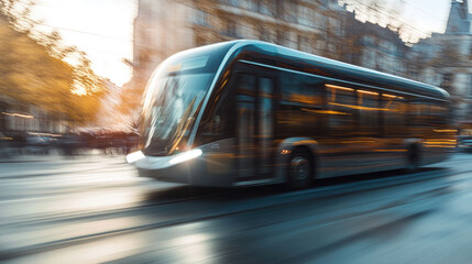 Obraz premium Urban Bus in Motion on a Crowded Street with Detailed Bus Mirror View