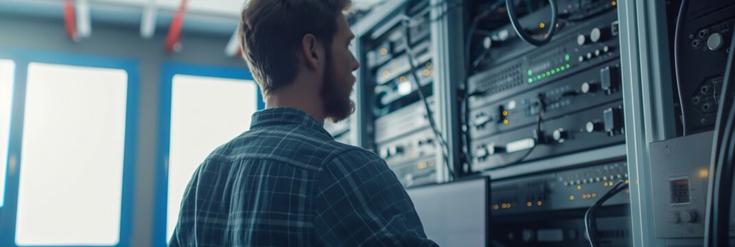 A technician stands analyzing server components inside a data center, surrounded by networking equipment and cables.