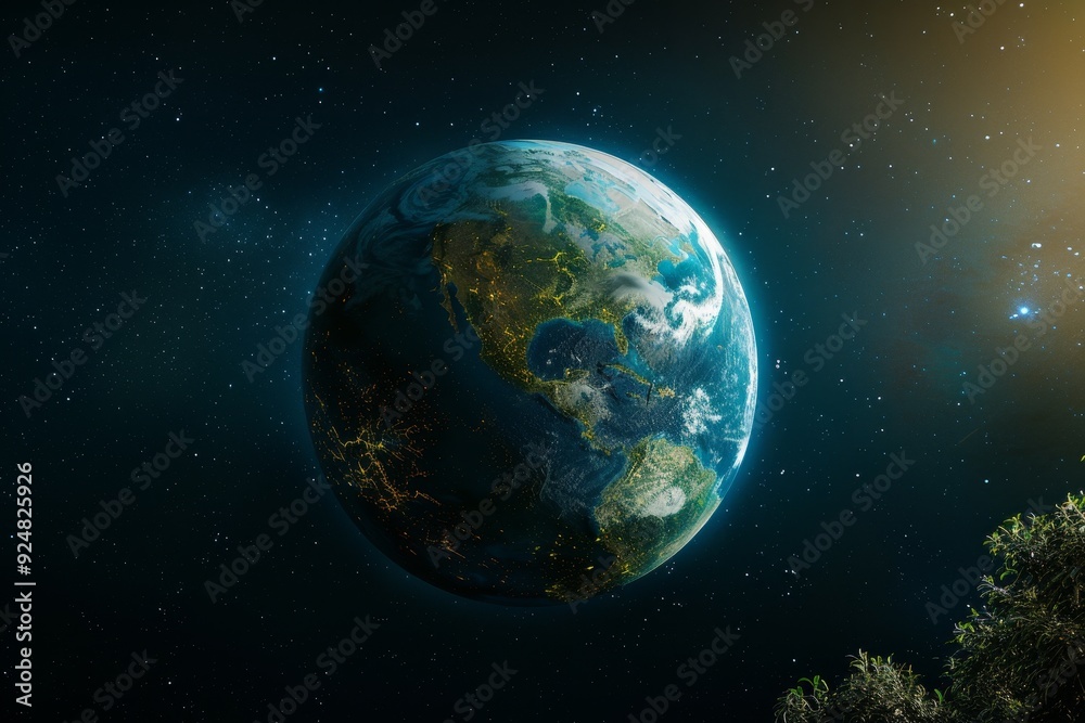 Poster planet in the sky with clouds, terraforming project transforming barren planet into habitable one