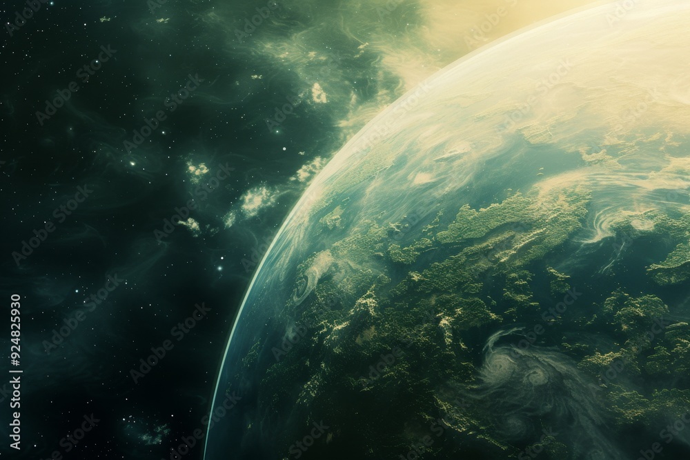 Aufkleber planet in the sky with clouds, terraforming project transforming barren planet into habitable one