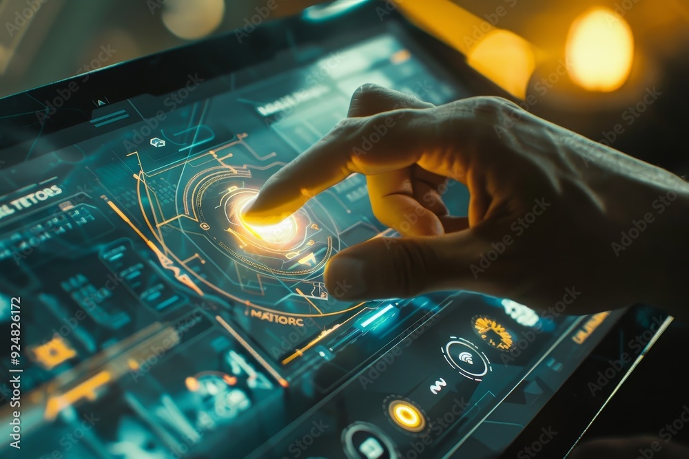 Aufkleber person using tablet computer with futuristic interface, user interface element prompts user action