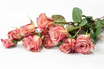 Pink roses in bouquet on white surface