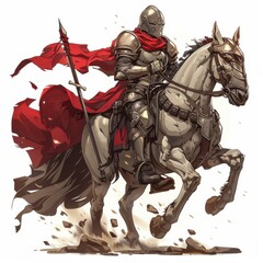 A knight in shining armor riding a white horse with a red cape flowing in the wind.