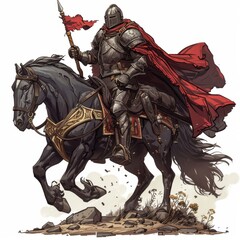 A Knight in Full Armor Riding a Black Horse