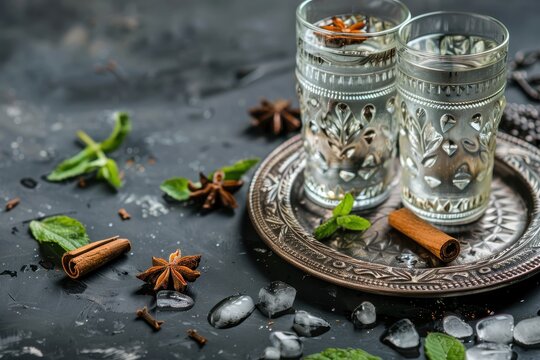Raki arak and Ouzo on gray background