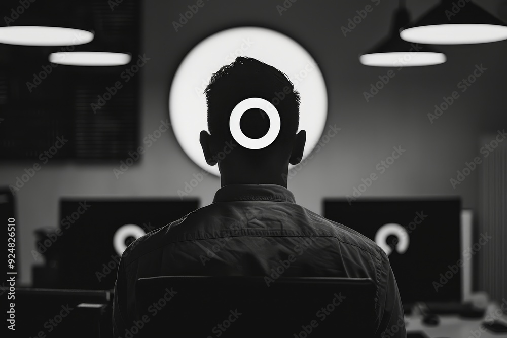 Poster man sitting in front of computer monitor, versatile logos designed to be adaptable across different 