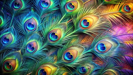 Vibrant peacock feather background with iridescent colors and intricate patterns, peacock, feather, background, vibrant