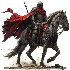 Fototapeta premium A Knight in Full Armor Riding a Horse with a Red Cape Flowing in the Wind
