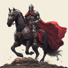 A Knight in Full Armor Riding a Warhorse Over Rocks