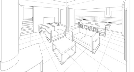 interior kitchen living room 3d illustration	
