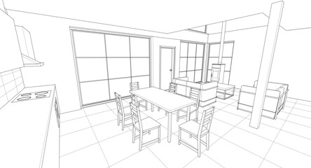 Fototapeta premium interior kitchen living room 3d illustration 