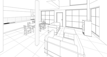 interior kitchen living room 3d illustration	
