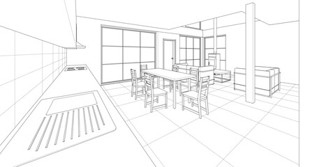 interior kitchen living room 3d illustration	
