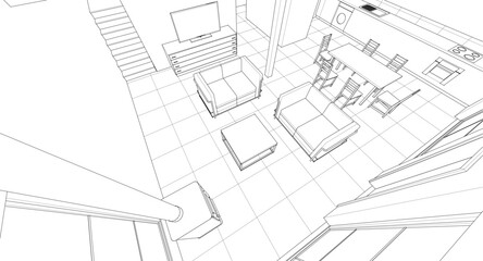 interior kitchen living room 3d illustration	
