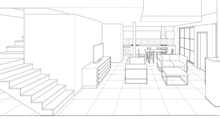 interior kitchen living room 3d illustration	
