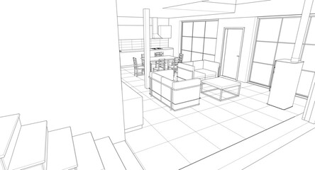 interior kitchen living room 3d illustration	
