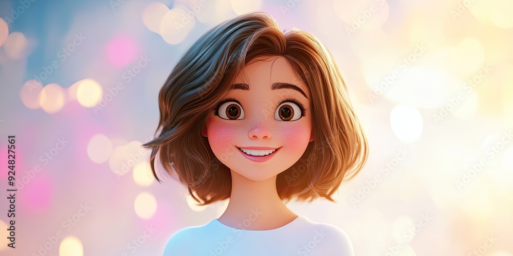 Wall mural charming 3d cartoon girl with brunette hair in a white top smiling against a bright backdrop