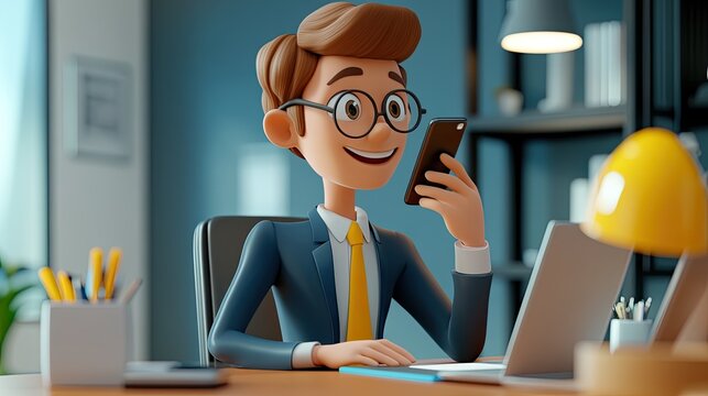 3D Cartoon of a Charming Businessman Chatting on His Mobile Phone in an Office