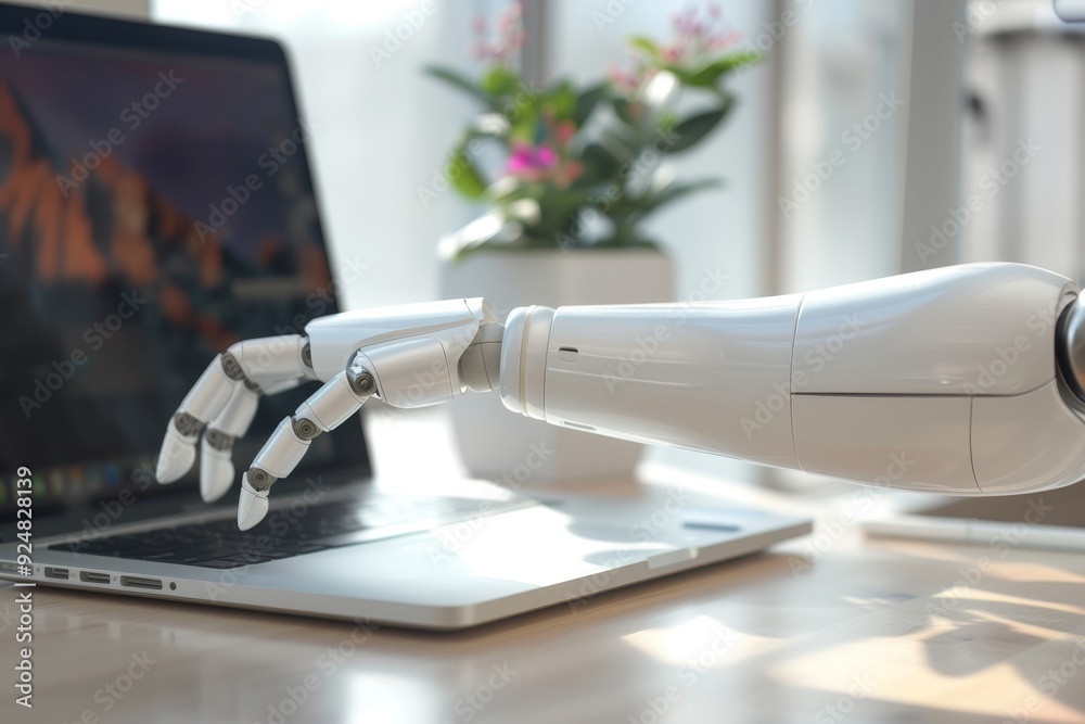 Poster robot sitting at table with laptop, virtual assistant automates repetitive tasks to free up time for