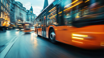 Urban Bus in Motion on a Crowded Street with Detailed Bus Mirror View
