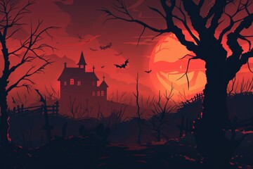 A Haunted Mansion Under a Blood Red Moon on Halloween Night