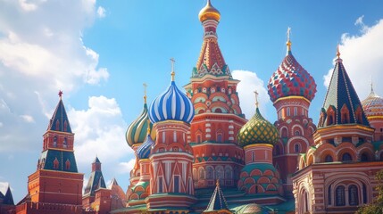 Fototapeta premium A vibrant and colorful view of an iconic building with unique domes. The bright hues and intricate designs create a stunning visual. Perfect for travel and culture themes. AI