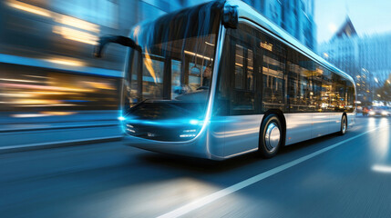 Urban Bus in Motion on a Crowded Street with Detailed Bus Mirror View