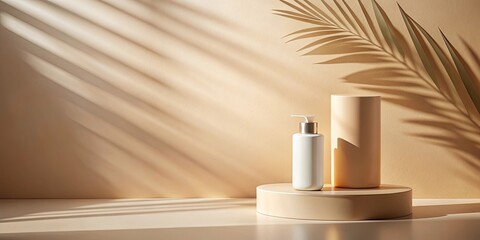 Minimalistic product presentation in soft beige background with window shadow , gentle, light, beige, background, soft