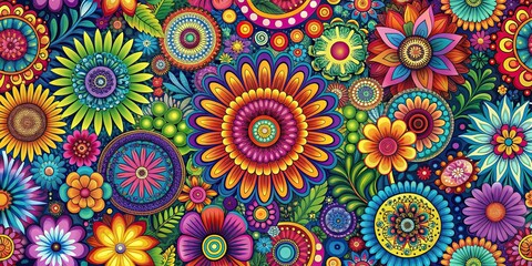 Vibrant and whimsical psychedelic floral patterns in a variety of colors and shapes, psychedelic, flora, patterns