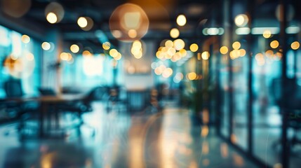 Blurred empty open space office. Abstract light bokeh at office interior background for design,generative ai