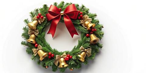 Christmas wreath adorned with ribbon and golden bells , Christmas, wreath, ribbon, golden, bells, decoration, festive, holiday