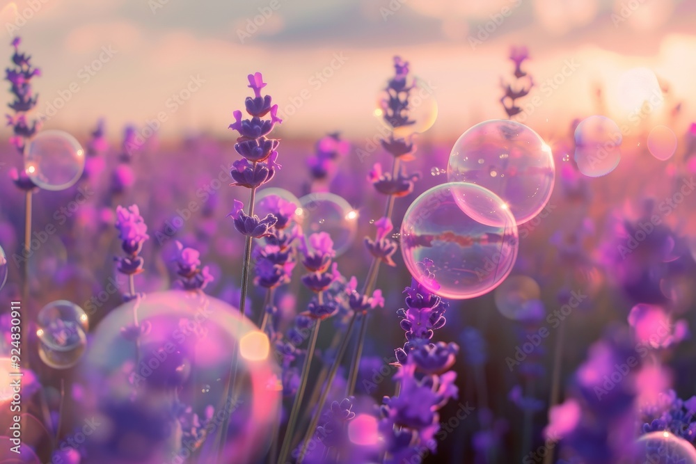 Poster field of lavender with bubbles in the air, bubbles floating over lavender field in dreamy haze