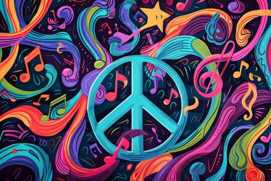 Cartoon peace symbols and musical notes intertwined in swirl of vibrant, neon colors