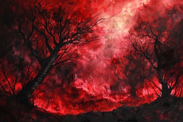 Silhouetted Trees Against a Red Sky in a Watercolor Painting