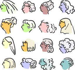 様々な人種の女性の横顔　アイコン　セットストックイラスト素材
