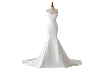Elegant white wedding gown with a strapless design and fitted silhouette on a mannequin, perfect for bridal fashion and wedding inspiration.