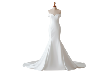 Elegant white wedding gown with a strapless design and fitted silhouette on a mannequin, perfect for bridal fashion and wedding inspiration.