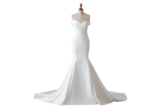 Elegant white wedding gown with a strapless design and fitted silhouette on a mannequin, perfect for bridal fashion and wedding inspiration.