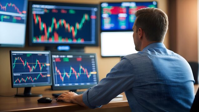 Man in blue shirt at trading desk, Stock market chart, Finance, Day-trading.