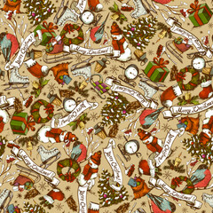 Vintage Christmas Seamless Pattern, winter sketches texture