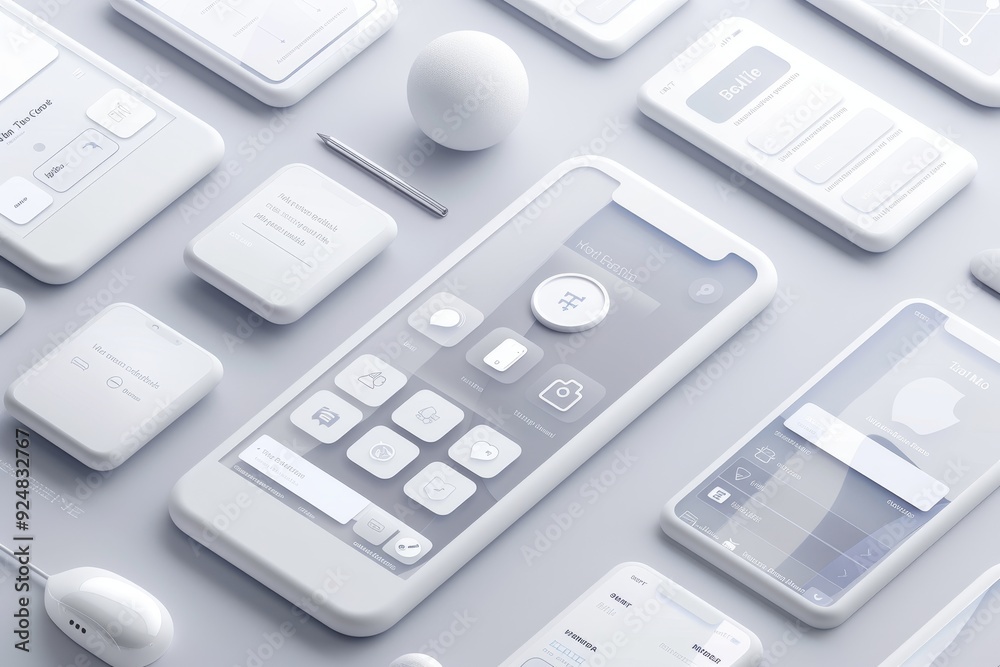 Aufkleber close up of cell phone on table, Create an image of mobile app interface employing glassmorphism style, featuring frosted glass effects on the icons and menus