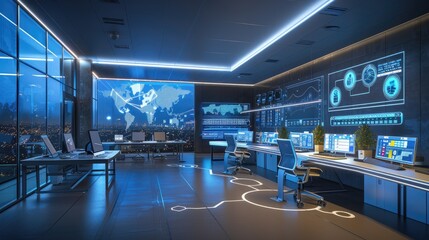 An advanced AI-managed power grid control room with holographic displays and predictive maintenance tools