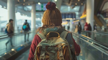 Obraz premium Young girl with a tourist backpack at the airport. selective focus. Generative AI,