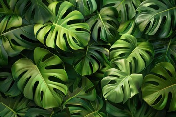 Green Monstera deliciosa leaves background, top view. 